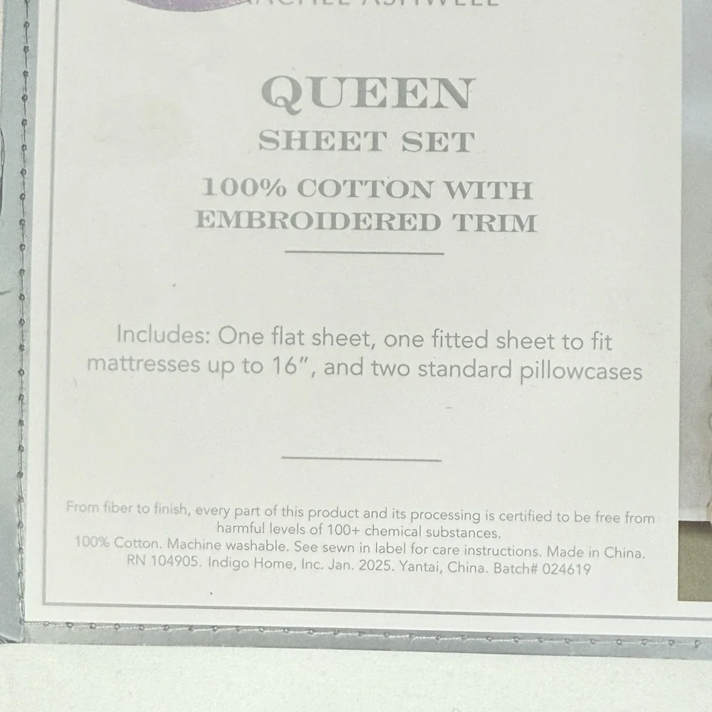 Rachel Ashwell Embroidered Eyelet Hem QUEEN Sheet Set White Pink 100% Cotton